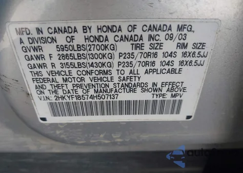 2004 Honda Pilot Ex-L z USA, uszkodzony, nr VIN 2HKYF18574H507137